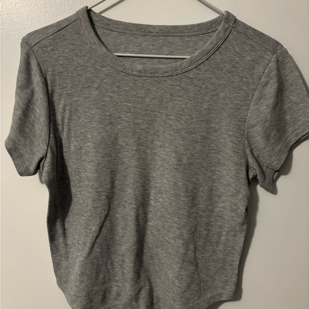 Classic Gray Women's Ribbed Feminine Capsule Wardrobe Layering Short Top